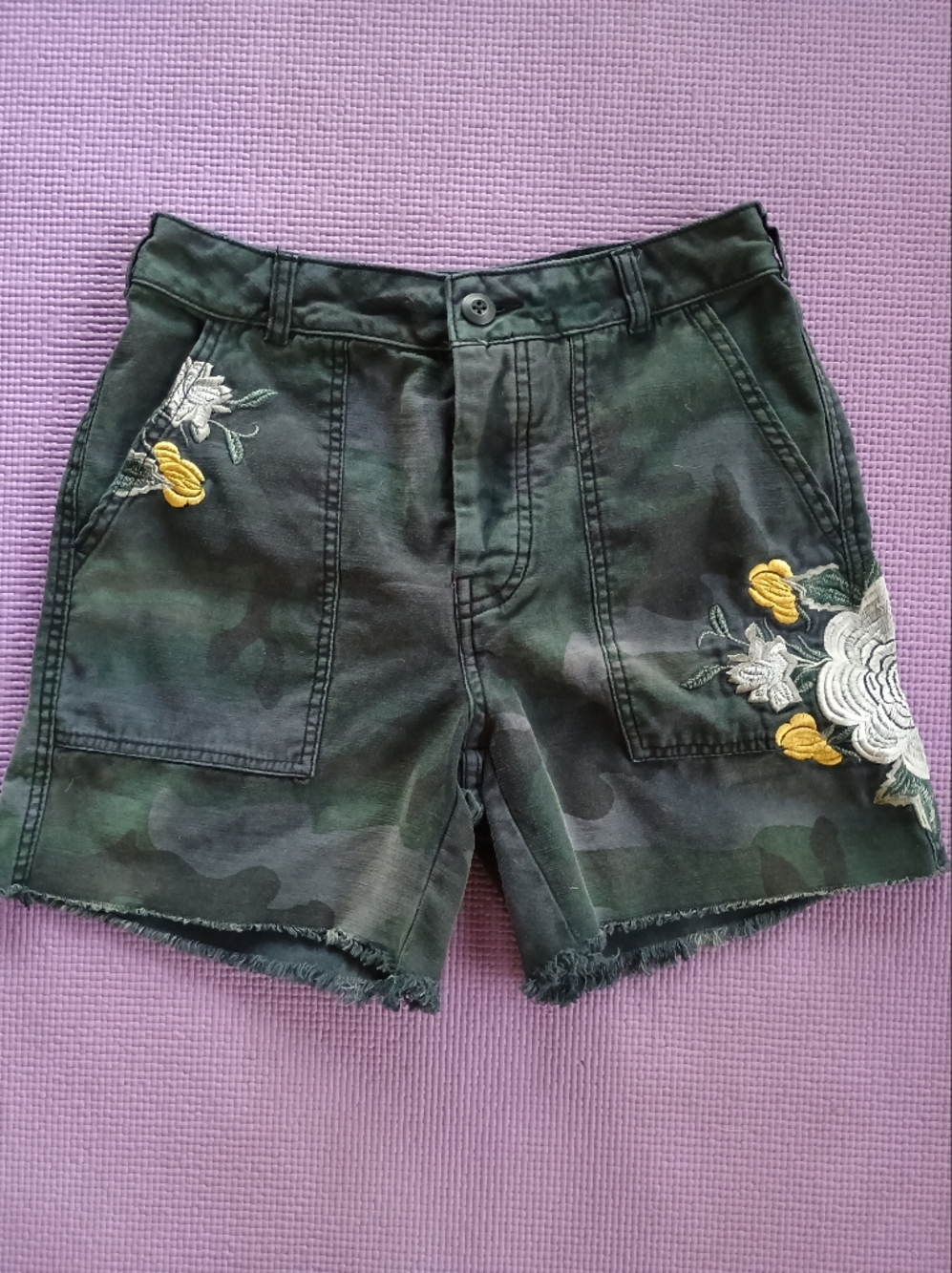 Free People Green Camo Embroidered Denim Shorts